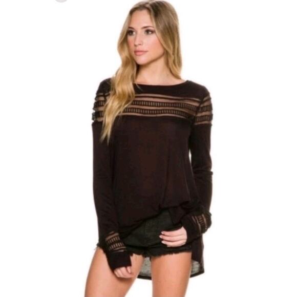 Free People Sz S Roxie Mesh Insert Long Sleeve Top Shirt Women Black C18-72 - Picture 1 of 7